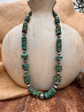 Load image into Gallery viewer, Kingman Turquoise &amp; Navajo Pearl &amp; Barrell Beads Long Statement Necklace