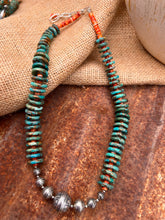 Load image into Gallery viewer, Kingman Turquoise, Spiney Oyster &amp; Hand Stamped Authentic Navajo Pearl Statement Necklace