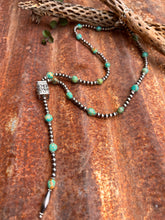 Load image into Gallery viewer, Sage Green Kingman Turquoise and Navajo Pearl Lariat Necklace
