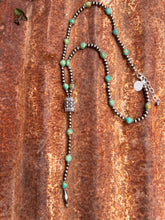 Load image into Gallery viewer, Sage Green Kingman Turquoise and Navajo Pearl Lariat Necklace