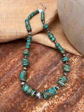 Load image into Gallery viewer, Kingman Turquoise &amp; Navajo Pearl &amp; Hand Stamped Beads Long Statement Necklace