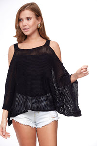 Shirt - Cold Shoulder Wide Sleeve Knit Top Black