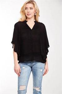 Shirt - V Neck Ruffled Sleeve Black