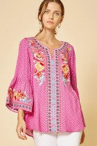 Top  3/4 Bell Sleeve Hot Pink  With Embroidery