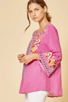 Top  3/4 Bell Sleeve Hot Pink  With Embroidery