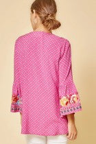 Top  3/4 Bell Sleeve Hot Pink  With Embroidery