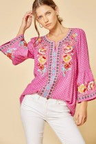 Top  3/4 Bell Sleeve Hot Pink  With Embroidery