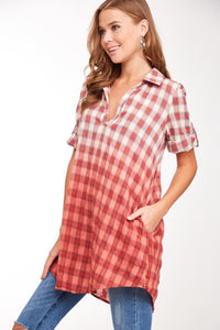 Shirt - Plaid Ombre  3/4 Sleeve Rust