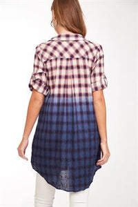 Shirt - Plaid Ombre  3/4 Sleeve Navy