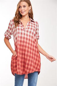 Shirt - Plaid Ombre  3/4 Sleeve Rust