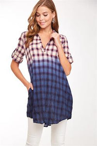 Shirt - Plaid Ombre  3/4 Sleeve Navy