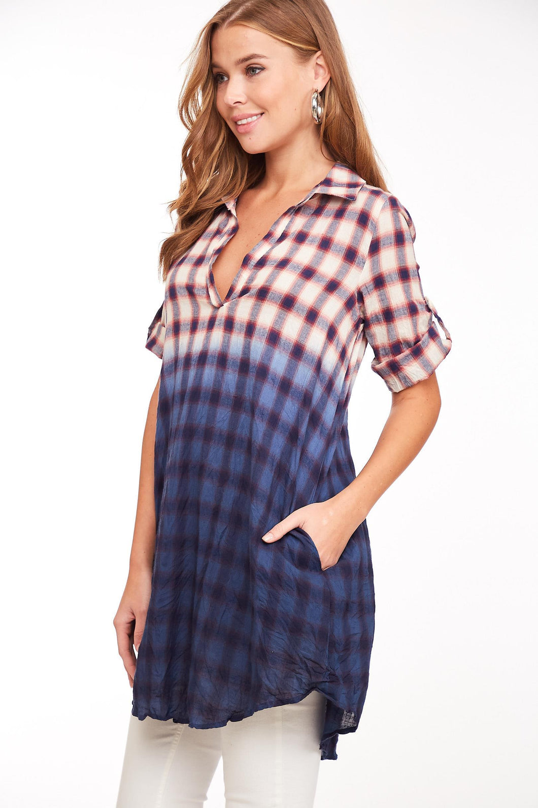 Shirt - Plaid Ombre  3/4 Sleeve Navy