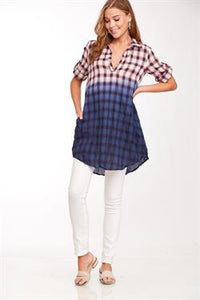 Shirt - Plaid Ombre  3/4 Sleeve Navy