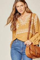 Long Sleeve Embordered Top  Marigold