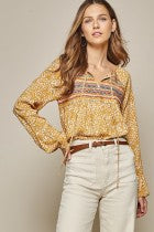 Shirt Long Sleeve Leopard Print Mustard Embroidery