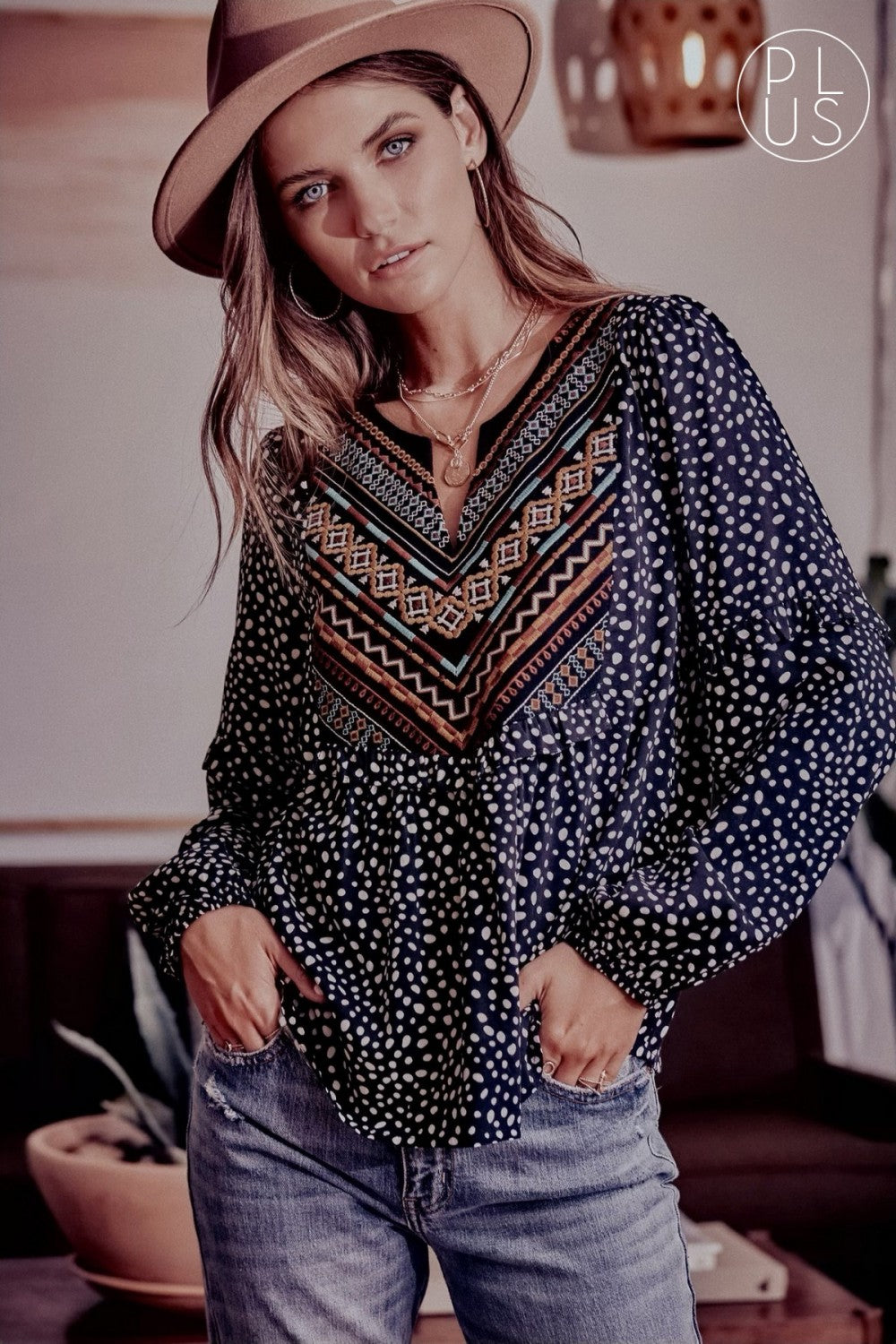 Long Sleeve Top Polka Dot With Embroidery