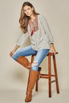 Load image into Gallery viewer, Shirt Long Sleeve  Stripes with  Embroidery