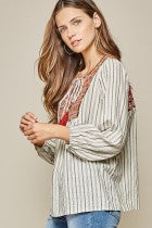 Shirt Long Sleeve  Stripes with  Embroidery