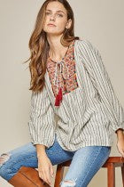 Shirt Long Sleeve  Stripes with  Embroidery