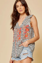 Load image into Gallery viewer, Shirt Short Sleeve V Neck Geometric Print  Ivory with Embroidery