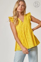 Load image into Gallery viewer, Shirt Sleeveless V Neck Eyelet with Ruffle Sleeve Yellow