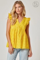 Load image into Gallery viewer, Shirt Sleeveless V Neck Eyelet with Ruffle Sleeve Yellow