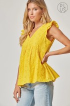 Load image into Gallery viewer, Shirt Sleeveless V Neck Eyelet with Ruffle Sleeve Yellow