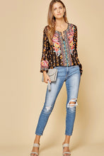 Load image into Gallery viewer, Top 3/4 Bell Sleeve, Embroidered Top Black Multi