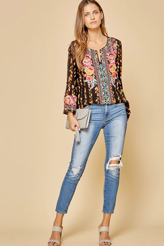 Top 3/4 Bell Sleeve, Embroidered Top Black Multi