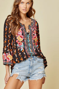 Top 3/4 Bell Sleeve, Embroidered Top Black Multi