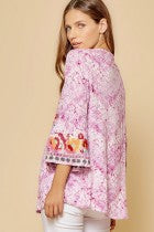 Top  3/4 Bell Sleeve Lavender  With Embroidery