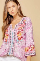 Top  3/4 Bell Sleeve Lavender  With Embroidery