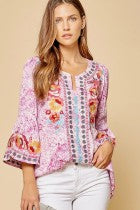 Top  3/4 Bell Sleeve Lavender  With Embroidery