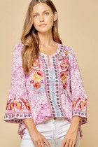 Top  3/4 Bell Sleeve Lavender  With Embroidery