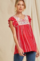 Top  Red Cap Sleeve Embroidery V Neck