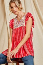 Top  Red Cap Sleeve Embroidery V Neck