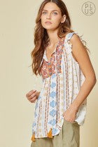 Shirt Short Ruffled Sleeve Open V Neck with Embroidery