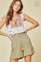 Shirt Short Ruffled Sleeve Open V Neck with Embroidery