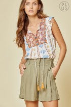 Shirt Short Ruffled Sleeve Open V Neck with Embroidery