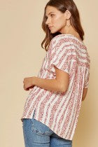 Shirt Short  Sleeve Open V Neck with Embroidery Tomato