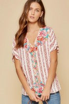 Shirt Short  Sleeve Open V Neck with Embroidery Tomato