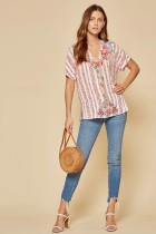 Load image into Gallery viewer, Shirt Short  Sleeve Open V Neck with Embroidery Tomato