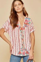 Load image into Gallery viewer, Shirt Short  Sleeve Open V Neck with Embroidery Tomato