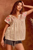 Top  Cream Cap Sleeve Embroidery V Neck