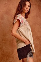 Top  Cream Cap Sleeve Embroidery V Neck