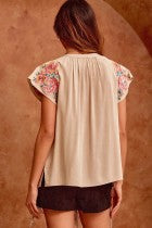 Top  Cream Cap Sleeve Embroidery V Neck