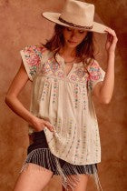 Top  Cream Cap Sleeve Embroidery V Neck