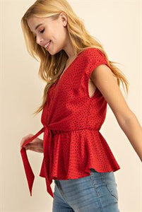 Shirt V Neck Front Tie Polka Dot Red