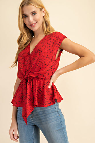 Shirt V Neck Front Tie Polka Dot Red