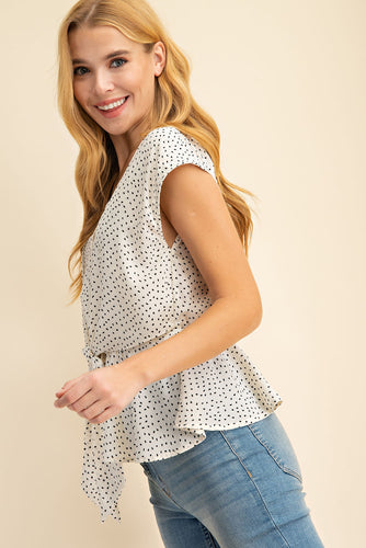 Shirt V Neck Front Tie Polka Dot Ivory